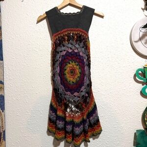 XXI‎ Crochet Rainbow Vest Sweater Knit Boho  Gypsy Festival Sleeveless SP round